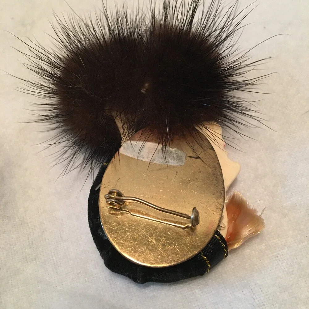 Vintage flapper Celluloid brooch with mink scarf